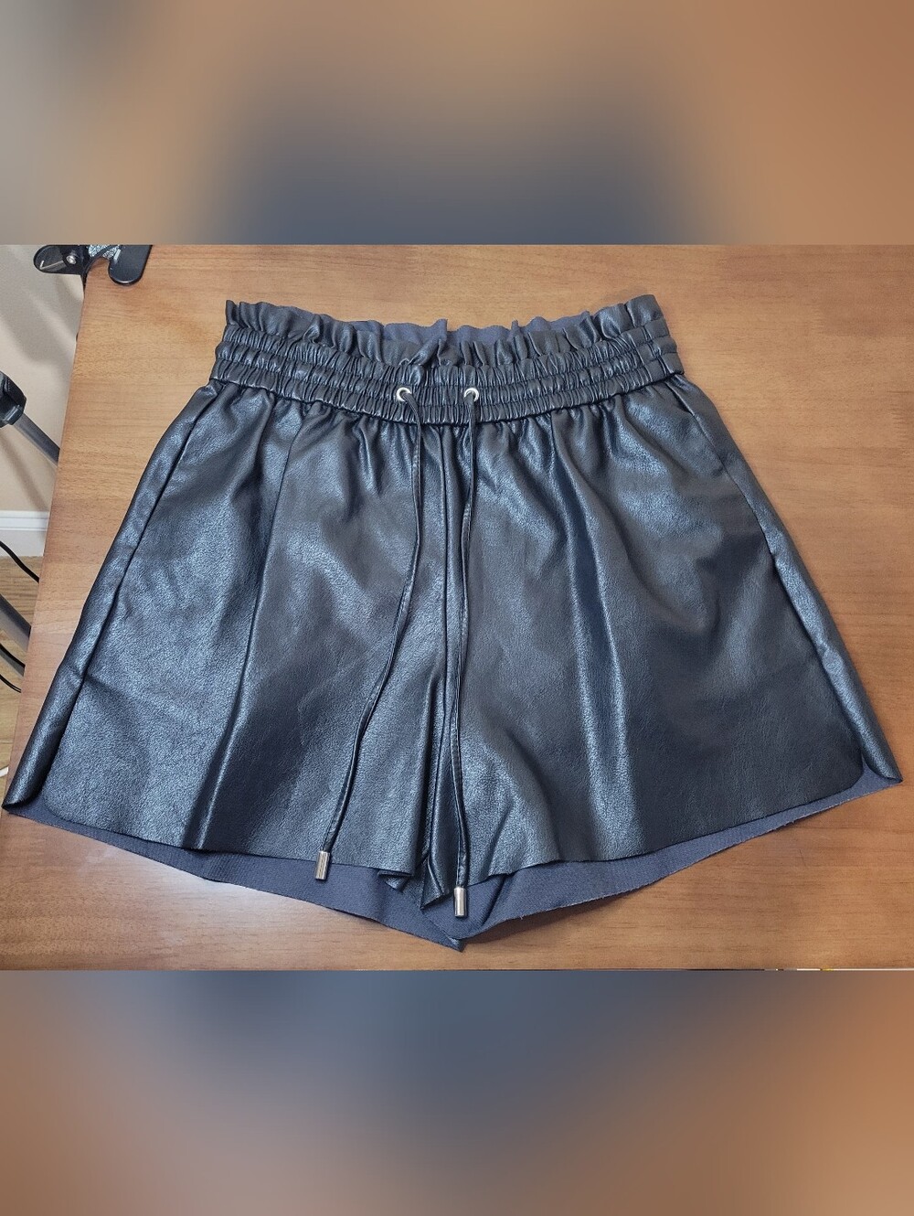 Zenana Outfitters Black Faux Leather High-Waist Paperbag Shorts